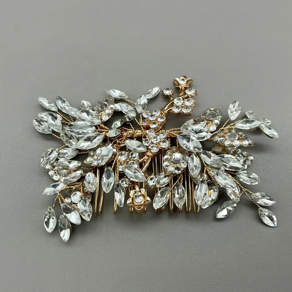 SWEETV Hair Comb Women Gold Tone Rhinestone Crystal Floral Bridal Wedding Access